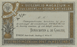 710548 Voorzijde van een reclamekaart van Bunschoten & De Gooijer, Magazijn van Lakens & Heeren Artikelen, ...